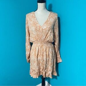 Japna L Orange White Floral Print Smocked White Long Sleeve Open Back Dress